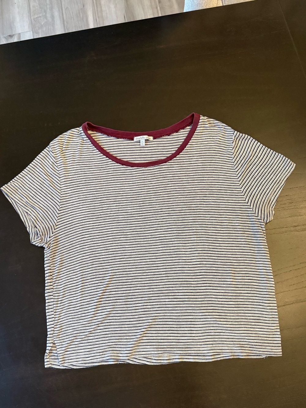 Charlotte Russe Black & White Striped Tee with Maroon Neckline